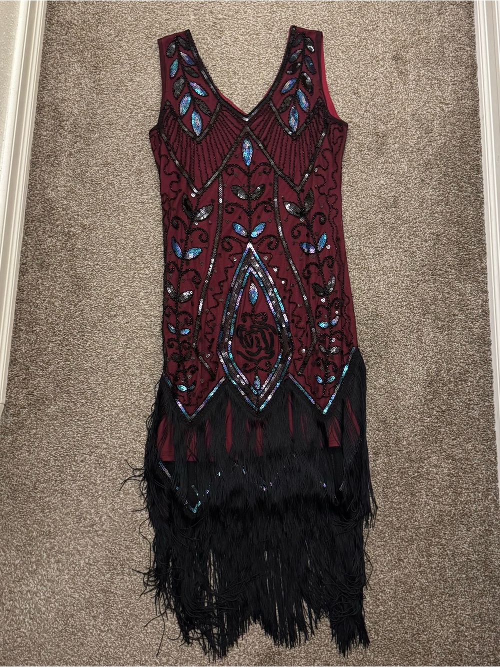 Beaded Burgundy Midi Dress with Black Fringe Hem